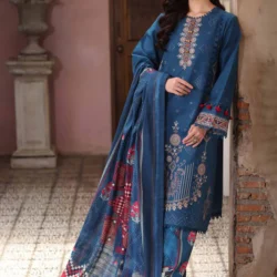 digital printed embroidered 3 piece suit – winter collection (dark teal blue)