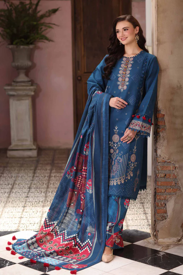 digital printed embroidered 3 piece suit – winter collection (dark teal blue)