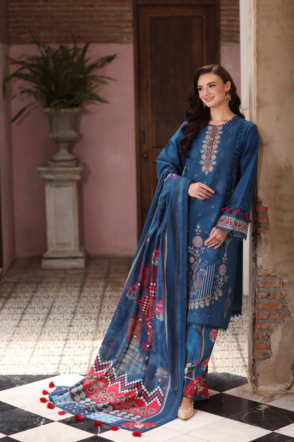 digital printed embroidered 3 piece suit – winter collection (dark teal blue)