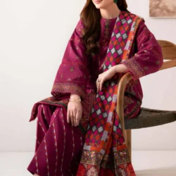digital printed embroidered 3 piece suit – winter collection (dark magenta)