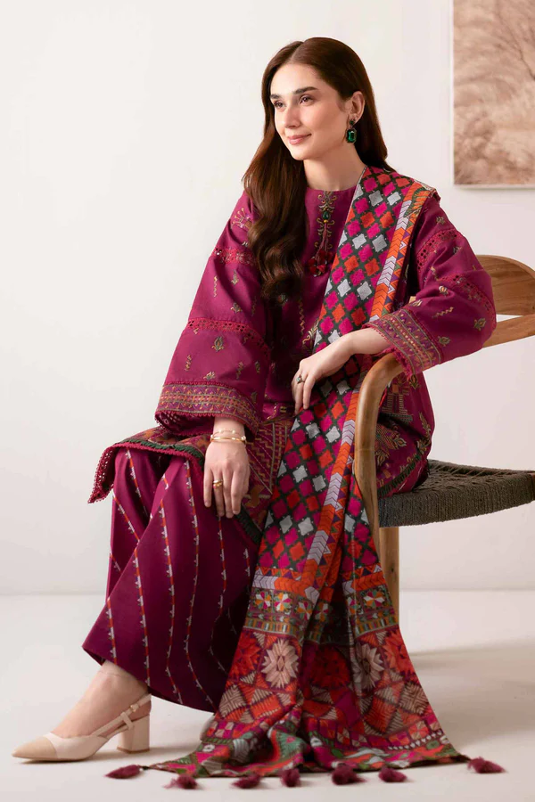 digital printed embroidered 3 piece suit – winter collection (dark magenta)