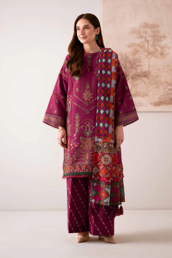 digital printed embroidered 3 piece suit – winter collection (dark magenta)