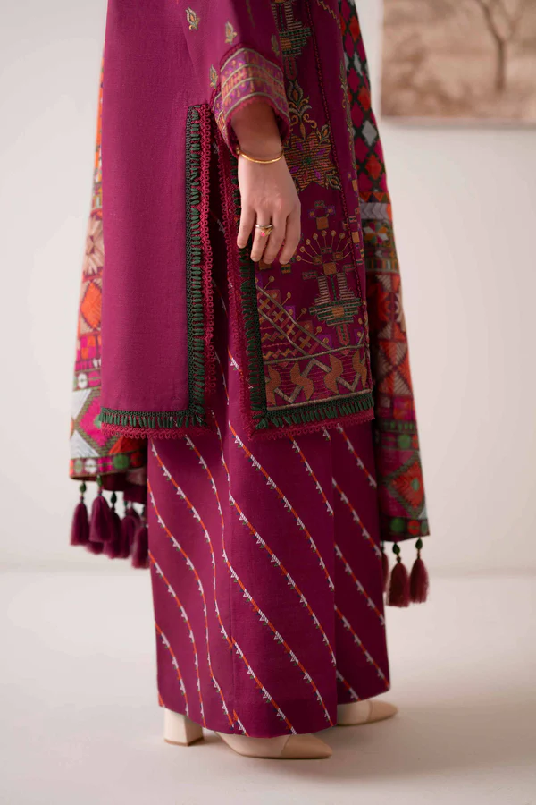 digital printed embroidered 3 piece suit – winter collection (dark magenta)